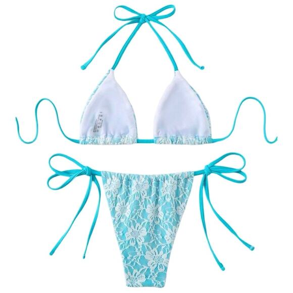 Boutique Women's Blue Bikini With Lace Overlay Large Set - Picture 5 of 14